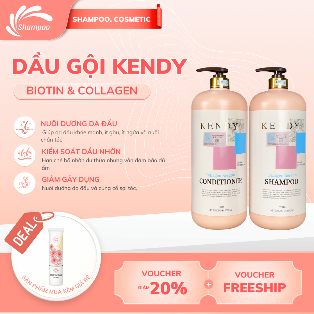 Dầu gội, xả dưỡng sinh cao cấp Kendy 2000ml giúp tóc chắc khỏe bóng mượt