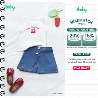 Mix set áo chân váy bé gái ILABY áo ba lỗ trắng váy quần jean xanh cotton co giãn họa tiết cherry [3060+3401]