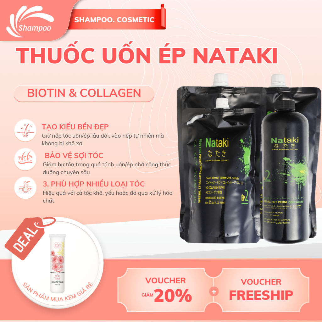Thuốc ép tóc Nataki, Kem duỗi tóc Collagen phục hồi tóc thẳng NATAKI nhật bản 900mlx2 chính hãng dàn