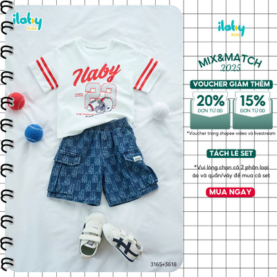 Mix set bé trai ILABY cotton mát mẻ, áo thun thể thao phối quần jean họa tiết chữ nổi bật [3165+3618]