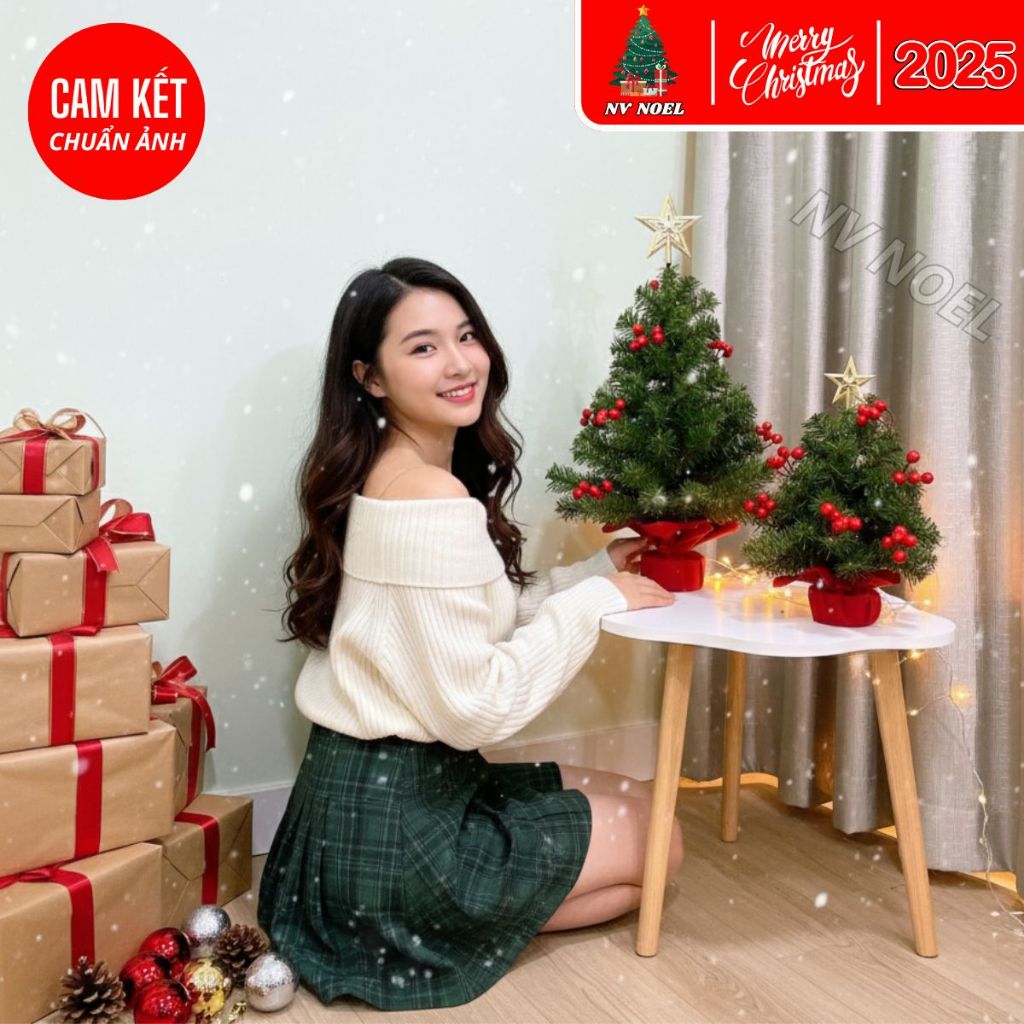 Cây Thông Noel Mini Cao 40CM, 60CM Màu Xanh Gắn Trái Đỏ Trang Trí Bàn Học, Quầy Lễ Tân, Quán Cà Phê