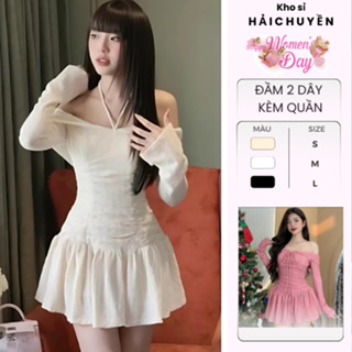 Đầm Trễ Vai Tay Dài Loe Nhẹ Form Ngắn Xoè Sang Trọng Chất Vải Xốp 2 Lớp Kho Sỉ Hải Chuyền V10