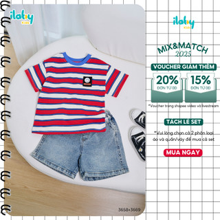  Mix set đồ bé trai ILABY áo thun cotton kẻ sọc phối quần jeans short năng động  3658+3669  