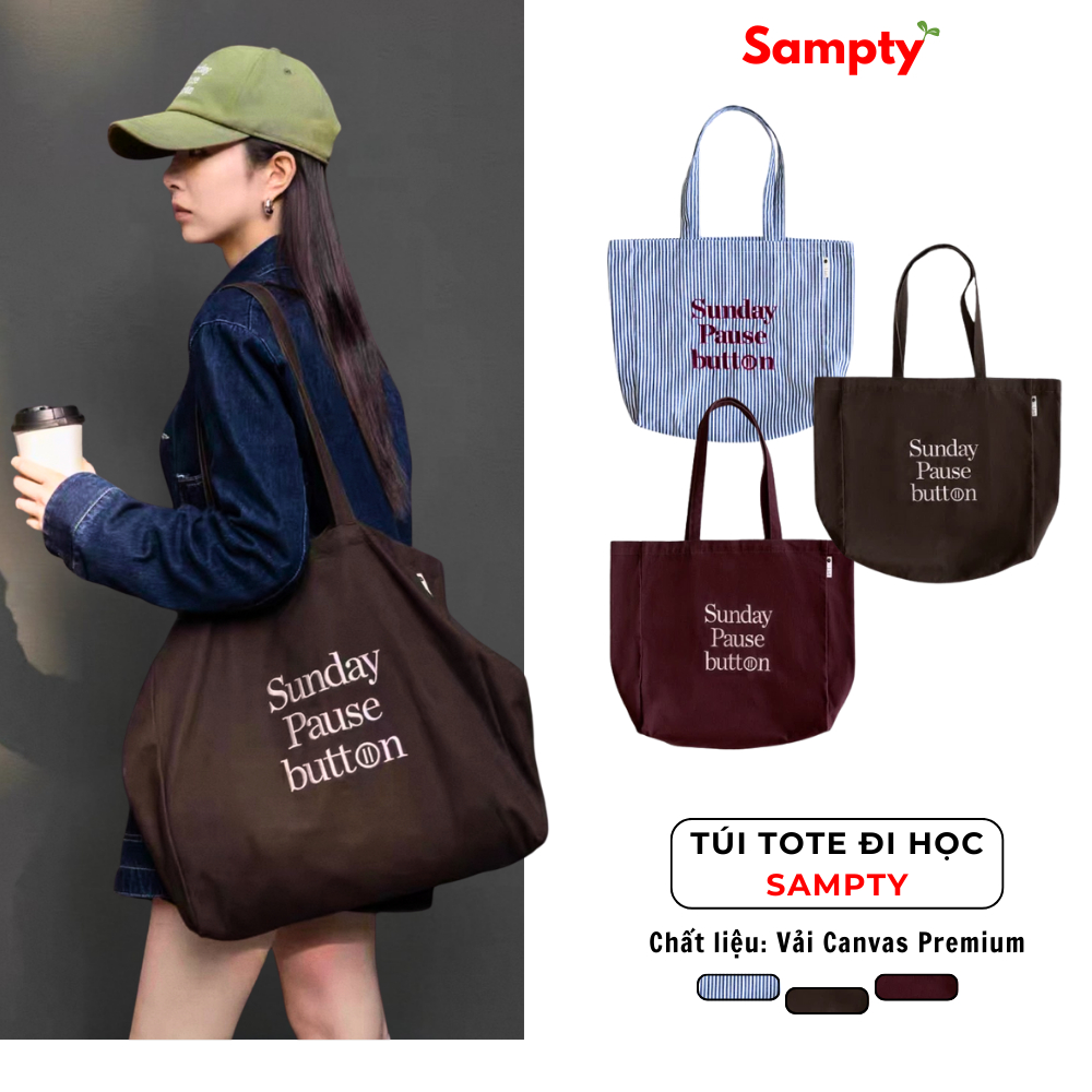 Túi Tote 𝐒𝐚𝐦𝐩𝐭𝐲 Đeo Vai Nữ Vải Cotton Premium 2 Lớp Dày Dặn Sunday Pause Button Autumn 2025
