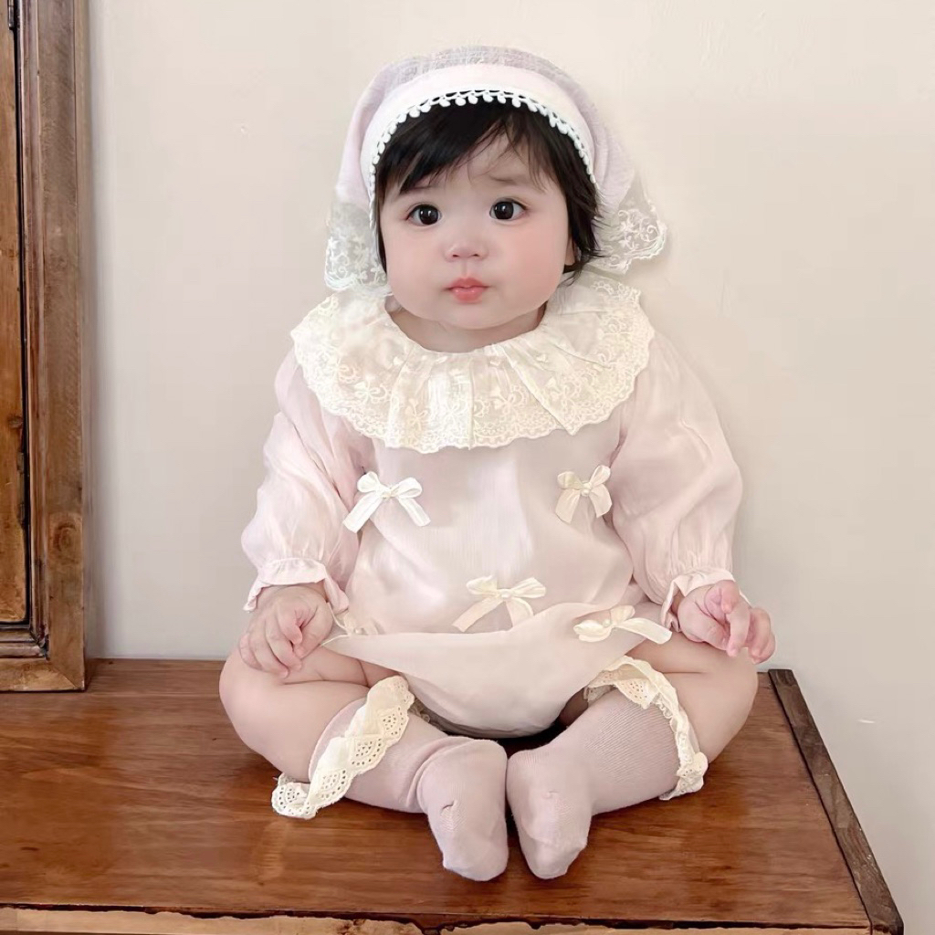 Bodysuit cho bé gái SUSHI BABY SHOP đồ liền thân sơ sinh hồng cổ ren đính nơ váy công chúa đầm dài t