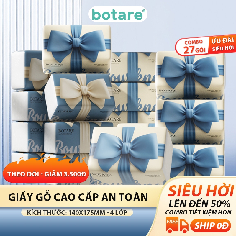 BOTARE Giấy ăn 4 lớp 1998 tờ  27 gói làm từ bột gỗ nguyên chất, mềm mịn, an toàn, khăn giấy cao cấp