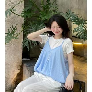   KÈM ÁO THUN  Kozoda Set Áo kiểu nữ SM406 2 dây chất đũi lì kèm áo thun cotton dáng babydoll viền bèo tiểu thư Hàn Quốc 