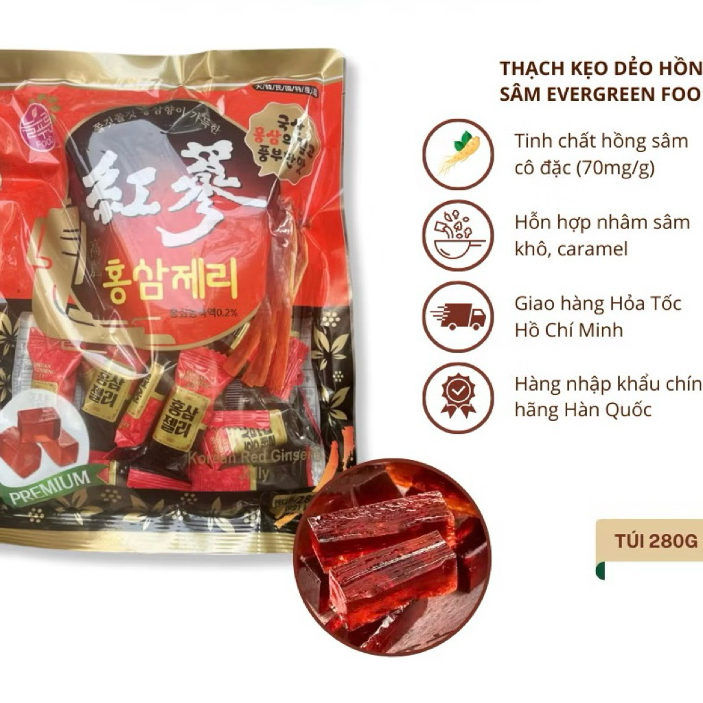 Kẹo Sâm Thạch Dẻo Hồng Sâm Korean Red Ginseng Jelly Evergreen Food Hàn Quốc 280g