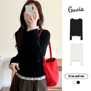  Áo thun tay dài Len Phối Bèo dáng dài GUVIA ôm body Áo tay dài cổ tròn chất tăm gân mặc đi chơi ADD154 