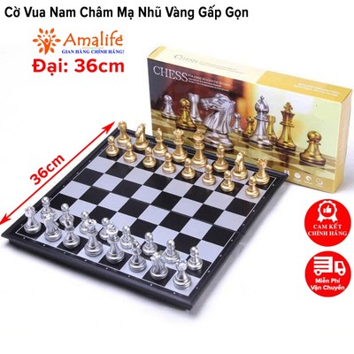 Bộ Cờ Vua Nam Châm Tiêu Chuẩn Thi Đấu Quốc Tế Gấp Gọn Cỡ Đại 36cm Cờ Vua Board Game Phủ Nhũ Vàng Nhũ Bạc Hãng Amalife
