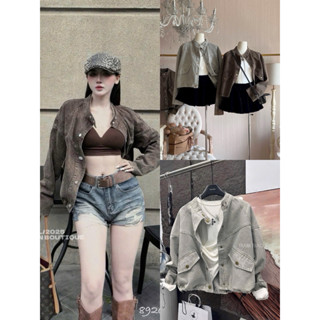  Áo Khoác Jeans Nữ Form Rộng Cổ Trụ Phối Túi Nắp Dây Rút 2 màu chất liệu Denim Mềm phong cách Cá Tính cực Chất 