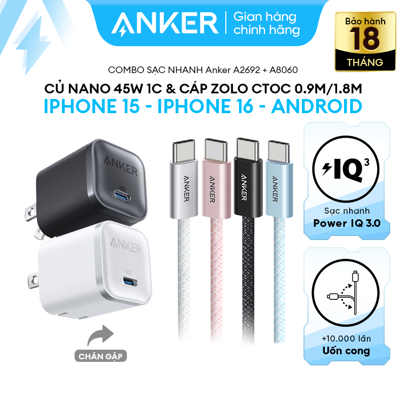 [Combo sạc iP15-17] Củ sạc nhanh Anker Nano 45W và cáp dù Zolo 240W Android & Samsung/ iPhone 15-17s