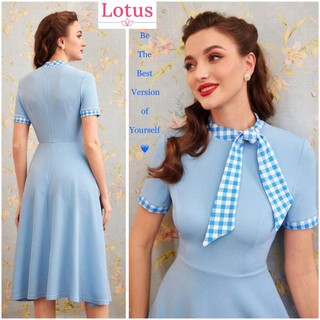 Lotus Đầm Tiểu Thư Đẹp, Cổ Nơ Caro| Đầm Dự Tiệc Sang Trọng Váy Chữ A Dáng Dài Đầm Công Sở Tay Ngắn Cho Nữ Đi Làm Đi Chơi