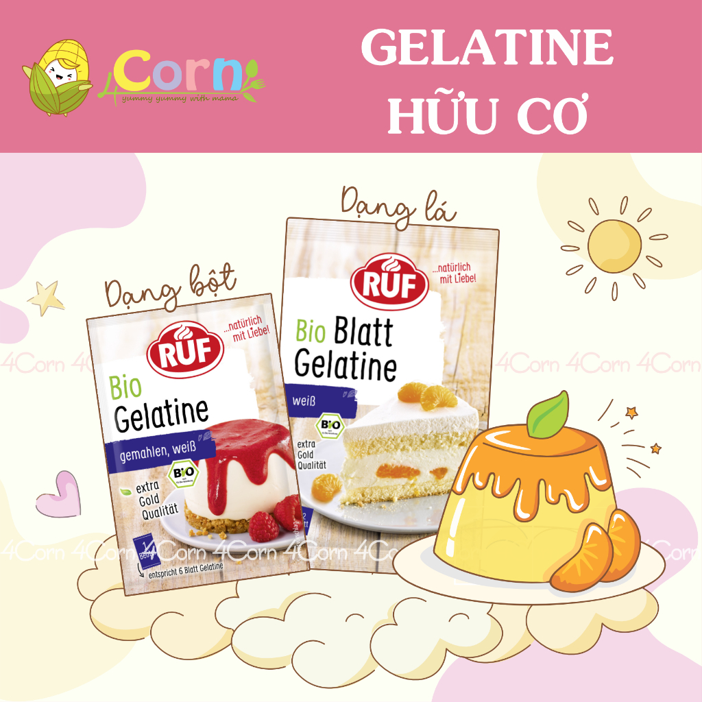 Gelatine (gelatin) hữu cơ BioRuf (dạng bột - dạng lá) - Cho bé 6m+