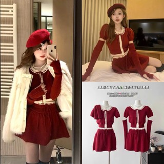 SET VÁY LEN PHỐI VIỀN KÈM ỐNG TAY RỜI metwo.dearu - Set áo len mịn croptop QC kèm chân váy ngắn xoè dày dặn ulzzang HQ 