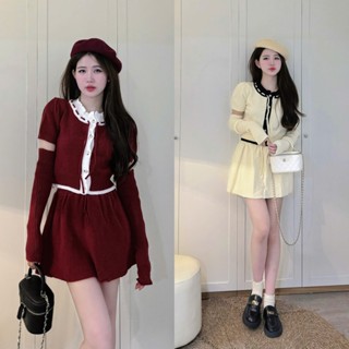 METWO. - Set áo len mịn croptop phối viền cổ nơ mix ống tay rời QC kèm chân váy ngắn xoè dày dặn ulzzang tiểu thư HQ