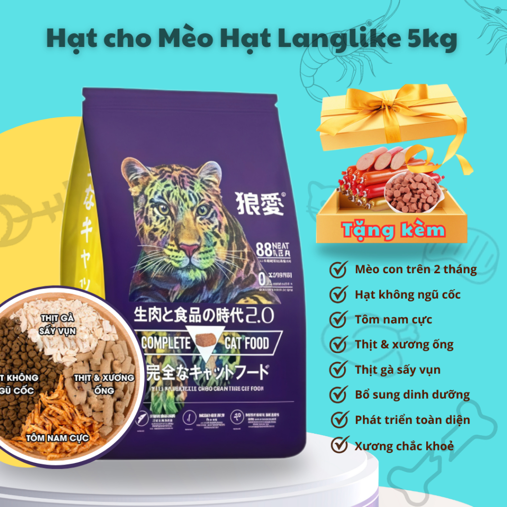 Hạt cho mèo, hạt Langlike (Bao 5kg ), thức ăn khô siêu topping  cung cấp đẩy đủ dưỡng chất thú cưng