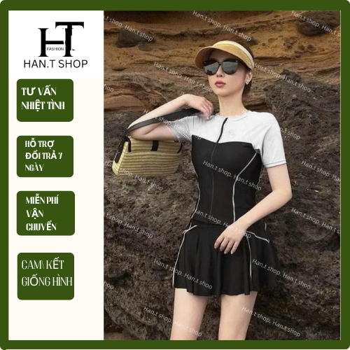 [ BKN 999 ] Size M-L-XL sét đồ bơi đi biển kín đáo, áo tay ngắn váy xòe phối viền tôn dáng HAN.T SHO