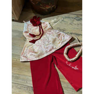 [Hàng Chính Chủ Loại 1] Set Áo Yếm Gấm+Quần Lụa Thiết Kế Cao Cấp Cho Bé Gái Mặc Dịp Trung Thu & Tết - Gấm Đính Hoa Đỏ