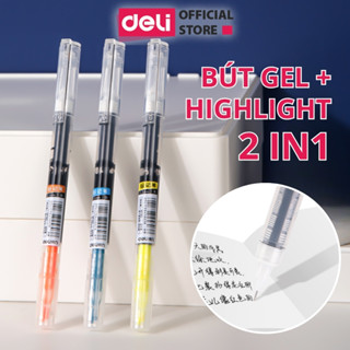  Bút Gel 2 Đầu Highlight Deli Roller Ngòi ST 0.5mm Mực Đen Mau Khô Đầu Bút Nhớ Màu Vàng Xanh Cam Viết Sổ Bullet Journal 