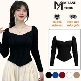 Áo Thun Dài Tay, Cộc Tay Cổ Vuông Ôm Body  MILASU Áo Tay Phồng Sang Trọng  Chất Thun Cotton 463