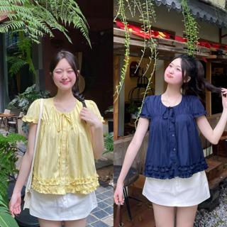 Kozoda Áo sơ mi kiểu nữ SM405 chất đũi lì form rộng họa tiết bèo viền cách điệu tiểu thư hè thu phong cách Hàn Quốc