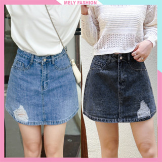 Chân váy Jean bò dáng ngắn Mely Fashion chữ A cạp cao tôn dáng che giấu bụng form bồng rách bigsize có quần bảo hộ CV65