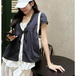 Áo sơ mi kiểu nữ chất đũi lì SM403 dáng babydoll mix ren tiểu thư buộc nơ form rộng mùa hè thu Hàn Quốc Kozoda
