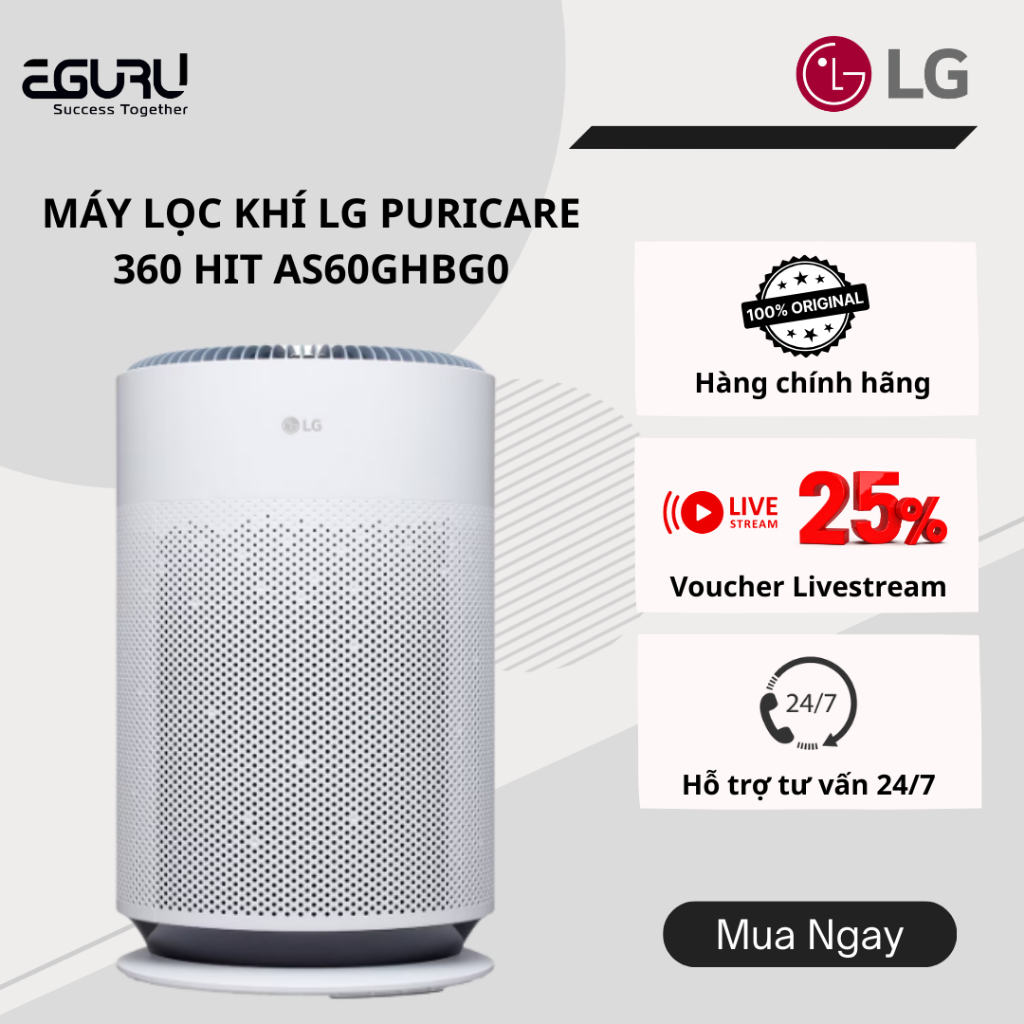 Máy lọc khí LG PuriCare 360 HIT AS60GHBG0 (60m²) Lọc Bụi Mịn, Khử Mùi Hiệu Quả | HÀNG CHÍNH HÃNG