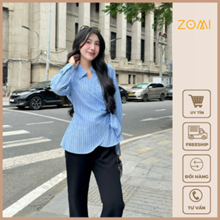 Áo sơ mi nữ cột dây nơ linen sọc đan chéo dáng tay dài phong cách Hàn Quốc mặc đi chơi – đi làm – đi học ZOMI Z070
