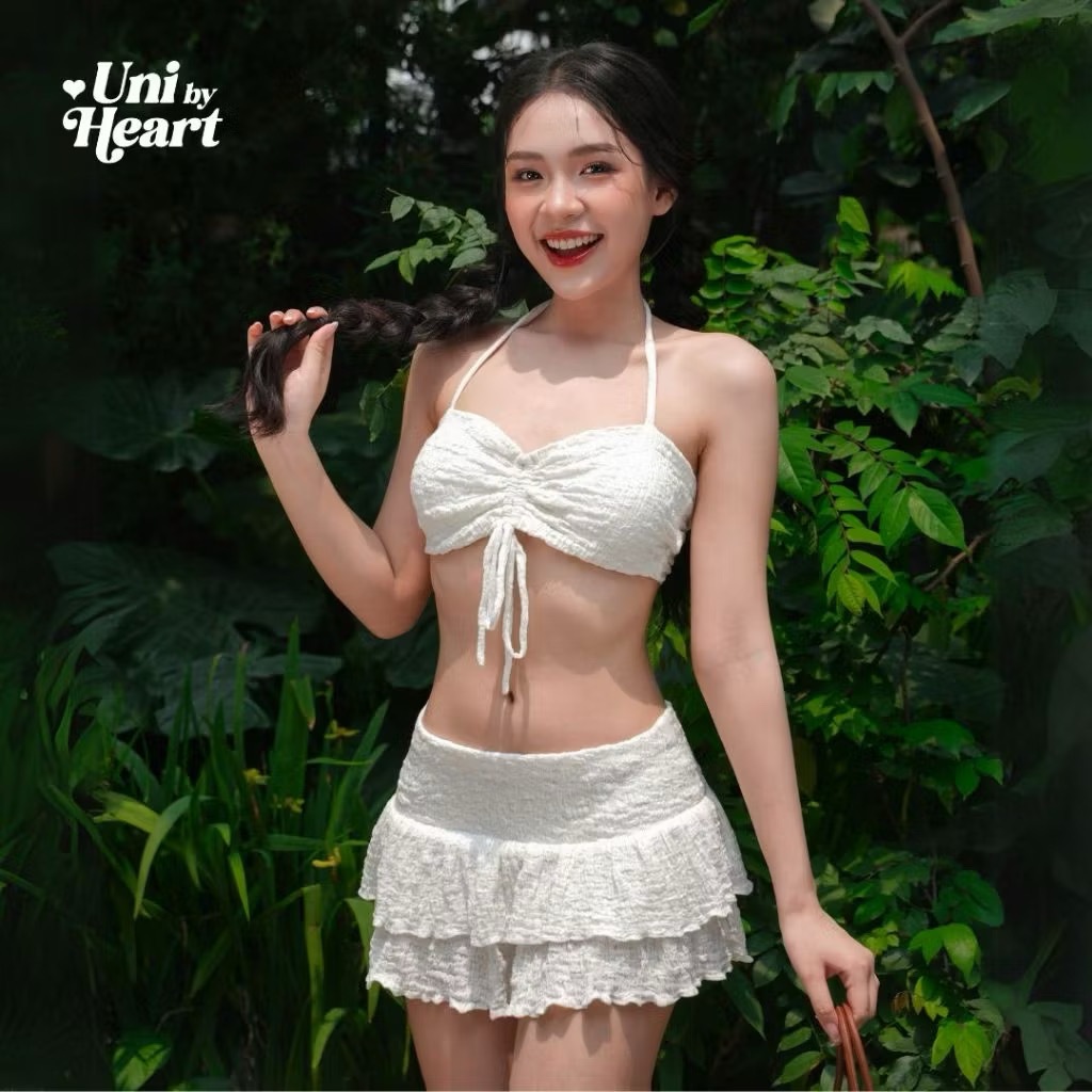 [H009] Set bikini 2 mảnh chân váy Lace Bikini dây rút trước ngực, váy dáng xòe - Uni By Heart