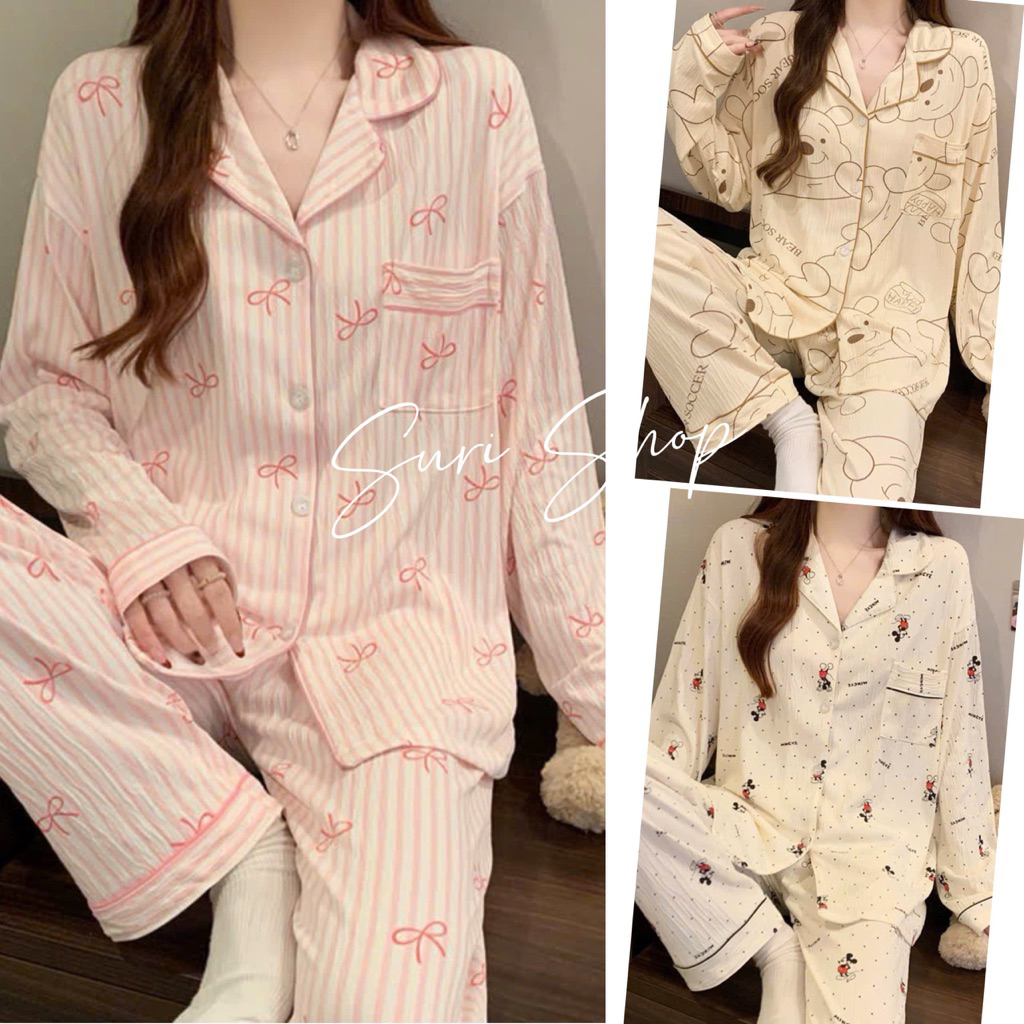 Bộ pyjama tay dài sọc loại đẹp cho cô gái ngọt ngào, phong cách Hàn Quốc, trang phục thường ngày dễ mặc