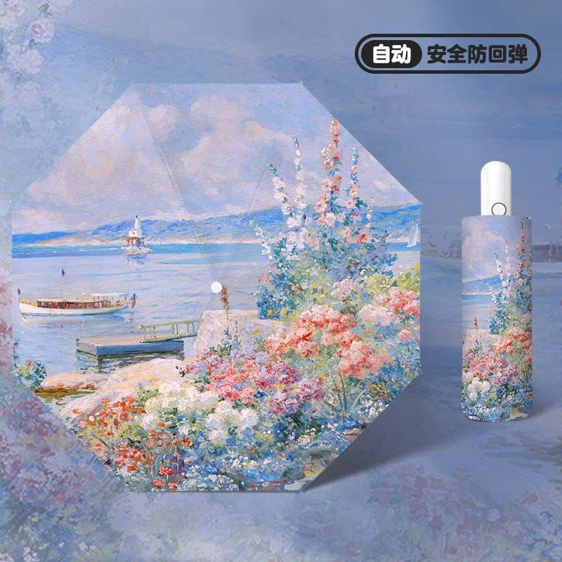 Ô gấp gọn chống tia UV cao cấp, dù gấp tự động họa tiết hoa, ô dù gấp gọn mini phong cách vintage