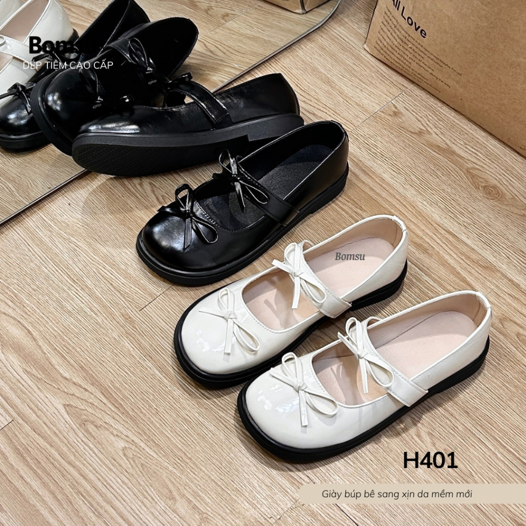 [Mở bán - giảm nửa giá] Giày búp bê nữ đế bệt H401 da mềm 2 nơ xinh - Giày mary jane nữ dễ thương th