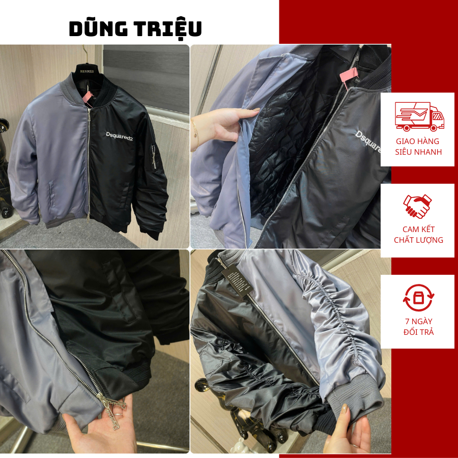 Áo Khoác Bomber Nam DSQ Phối Màu Xám Đen Thêu Logo Chữ - Áo Khoác Nam DSQ Trần Bông Phối Xám Đen Cao