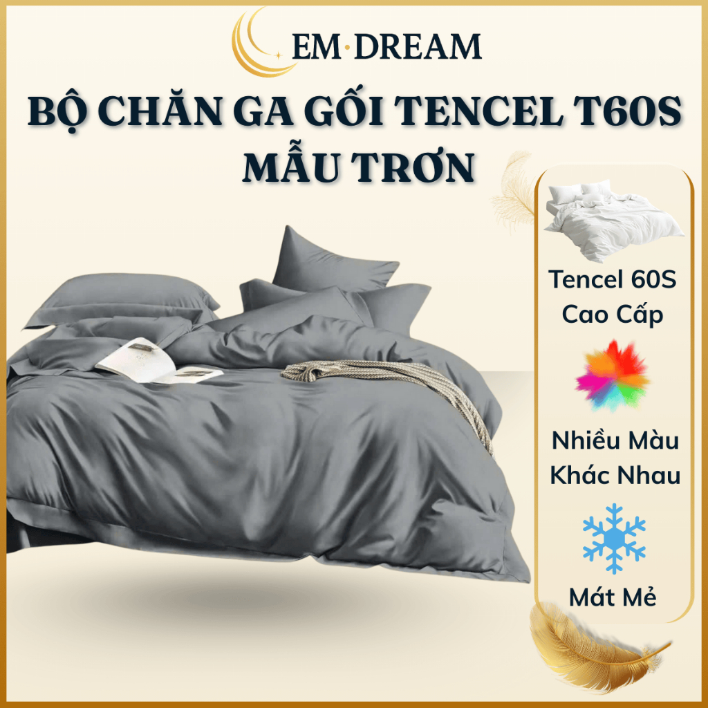 Bộ Chăn Ga Gối Tencel 60s Màu Trơn EmDream Cao Cấp Bộ Ga Giường 4 Món 5 Món Mát Lạnh Ga Tencel Bo Ch