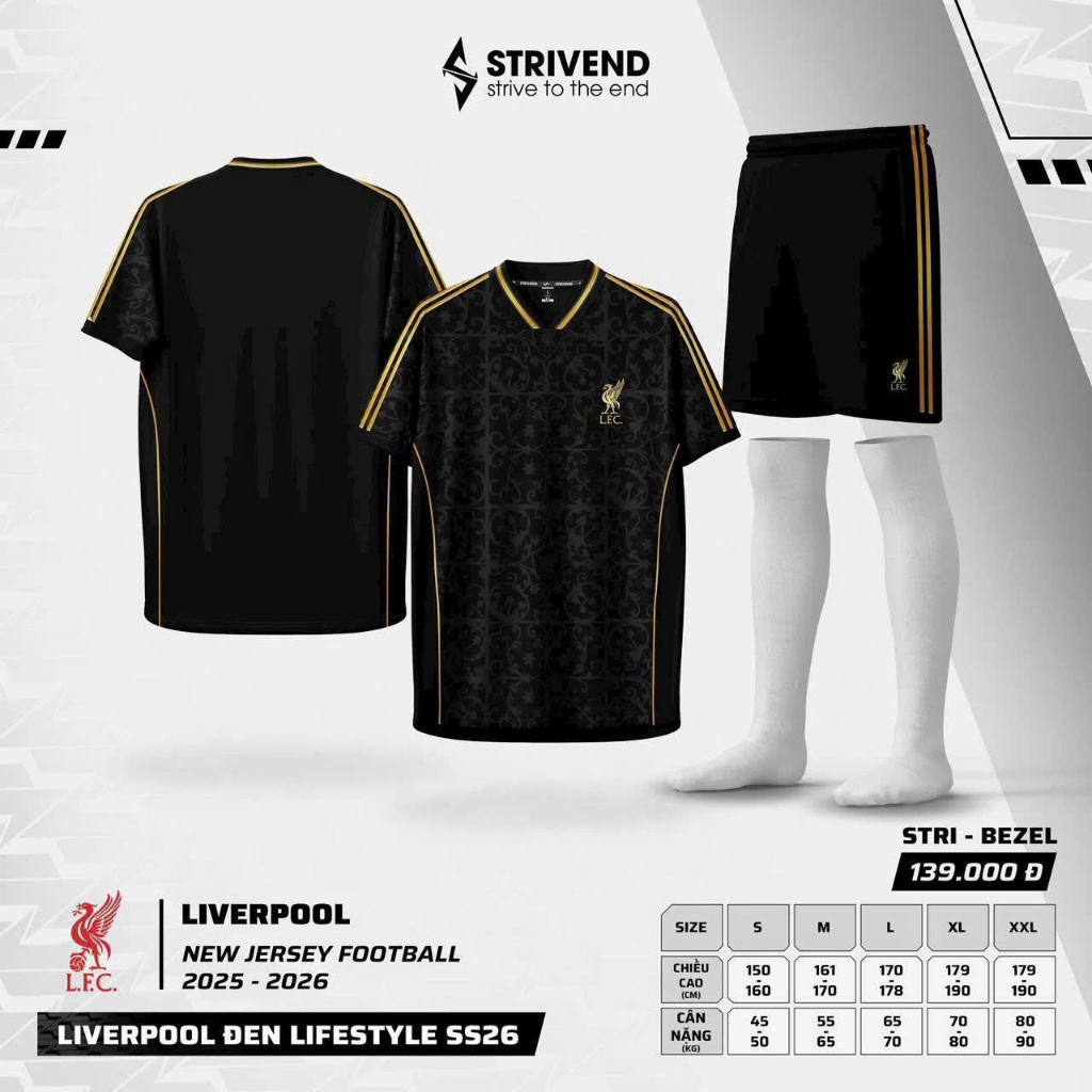 Bộ quần áo bóng đá Liverpool đen viền đồng LifeStyle thun mè Stivend26