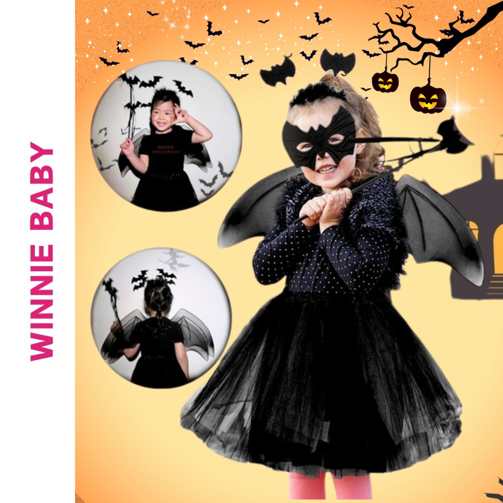 Bộ 4 Chi Tiết Váy Xòe Cánh Dơi Đen Bé 2-6 Tuổi Hóa Trang Halloween, Trung Thu, Tiệc Sinh Nhật, Biểu 