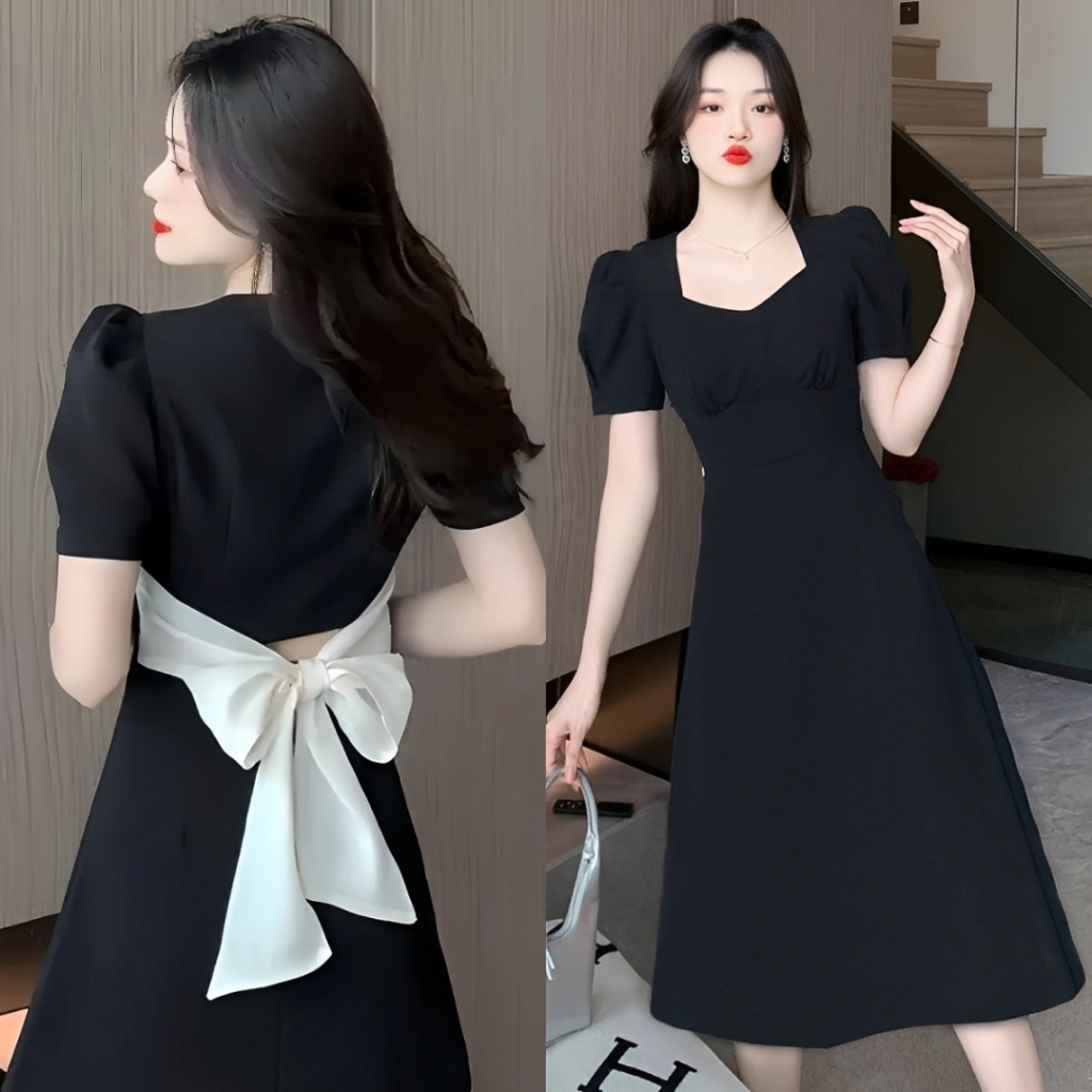 Đầm Dự Tiệc Màu Đen Đầm Xòe Tay Phồng Thắt Nơ Siêu Xinh D51