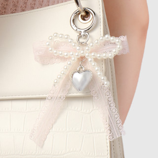  Charm túi xách nơ vải ren voan "Pearl Heart" tone hồng đeo túi balo phụ kiện trang trí CIELLE - CH15 