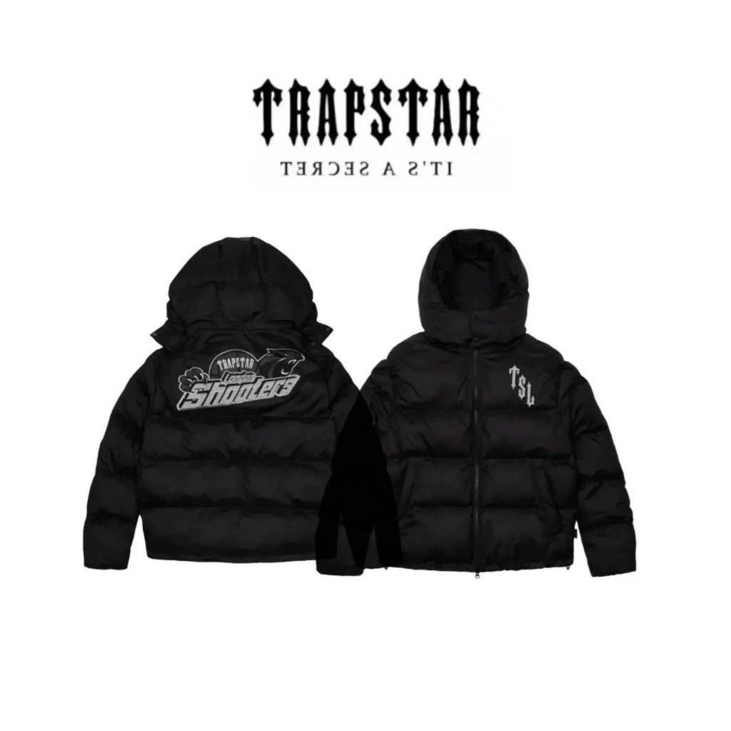 Áo khoác phao mùa đông Trapstar Shooters Báo đen tháo rời được mũ phong cách hiphop cực chất