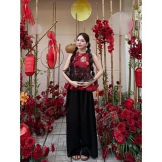 Set áo yếm gấm buộc cổ đính hoa quần lụa lưng chun Ảnh thật/sẵn