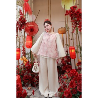 Set áo họa tiết thắt nơ cổ lượn sóng tay phồng quần lụa lưng chun Ảnh thật/sẵn