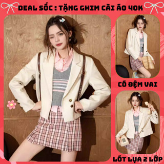 Áo blazer dáng lửng dài tay có đệm vai cúc giữa áo khoác vest Hàn Quốc ÁO LỬNG CÚC LOANG
