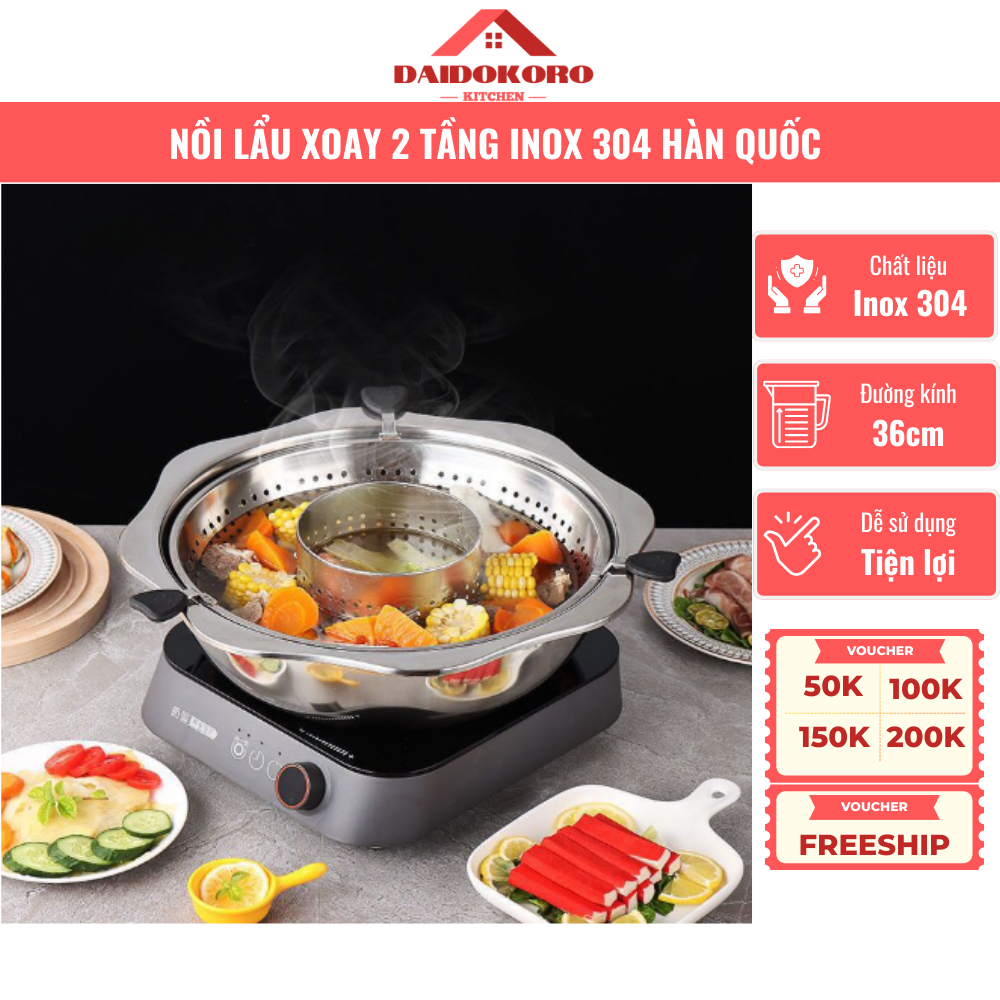 Nồi Lẩu Xoay 2 Tầng Hàn Quốc, Inox 304, Đường Kính 32cm, Dùng Cả Bếp Từ, Bếp Gas, Bếp Hồng Ngoại