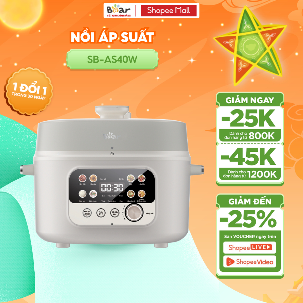 Nồi Áp Suất Điện 4L Bear Đa Năng 8 Chế Độ Ninh Hầm Lẩu Nướng Sôi Nhanh Chống Dính An Toàn Dễ Vệ Sinh SB-AS40W