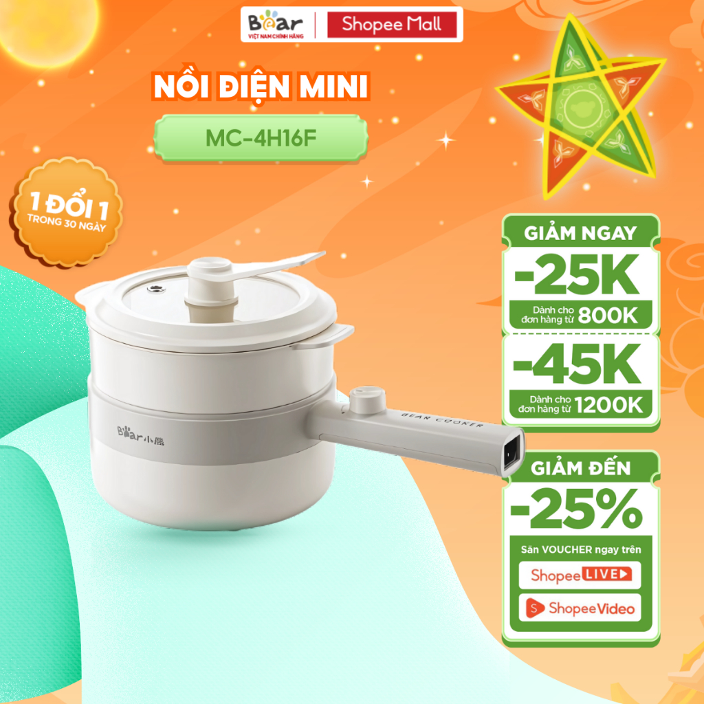 Nồi Điện Đa Năng Bear 1.6L Nấu Hầm Lẩu Hấp Lòng Nồi Chống Dính Công Suất 800W Xửng Hấp Nồi Điện Mini MC-4H16F