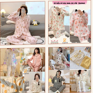 Bộ Pijama Mặc Bầu Và Sau Sinh 2mama có thiết kế cho con bú, chất coton co giãn siêu mềm mát đủ size cao cấp