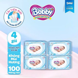   Combo 4 bịch  Khăn ướt Bobby Nano Bạc 100 tờ Không Mùi cho Bé sơ sinh sản phẩm Chính Hãng. 