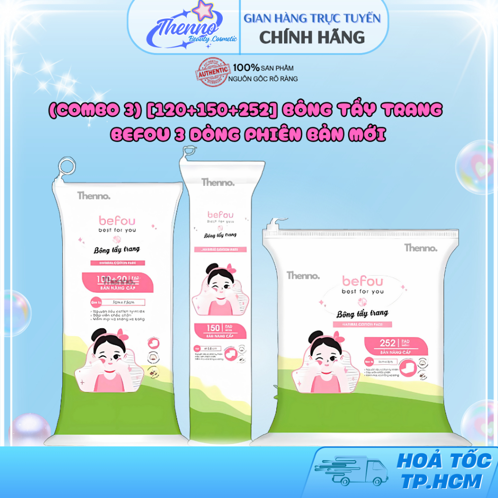 (Combo 3) [120+150+252] Bông Tẩy Trang Befou 3 Dòng Phiên Bản Mới